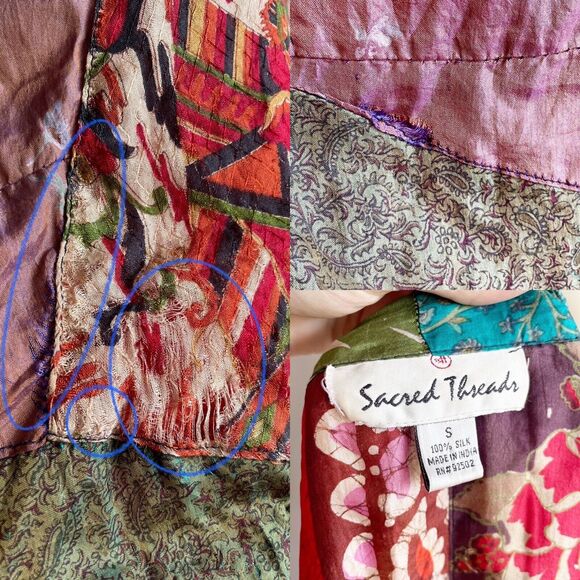 Sacred Threads Silk Kimono Robe Multicolor Patchwork Small - Picture 8 of 16